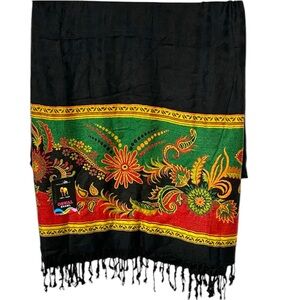 NEW OSWAL black wool shawl ethnic boho Russian print with fringe red green gold